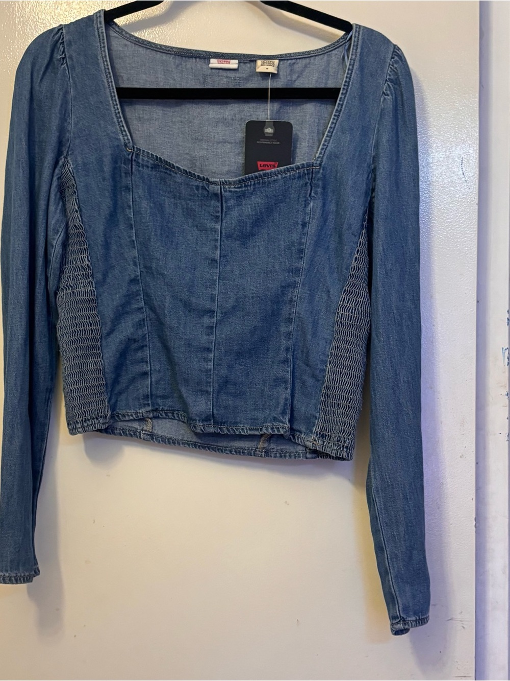 Levi's Blue Denim Long Sleeve Square-Neck Top with Smocked Sides